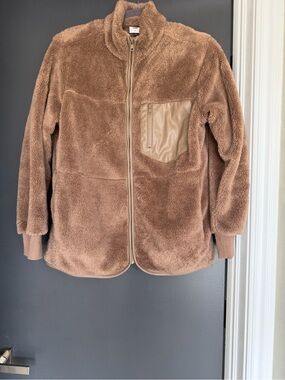 CAbi Plush Sherpa Zip Jacket in Brown with Tan Pocket